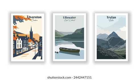 Tryfan, Wales. Ullswater, Lake District. Ulverston, Cumbria - Set of 3 Vintage Travel Posters. Vector illustration. High Quality Prints