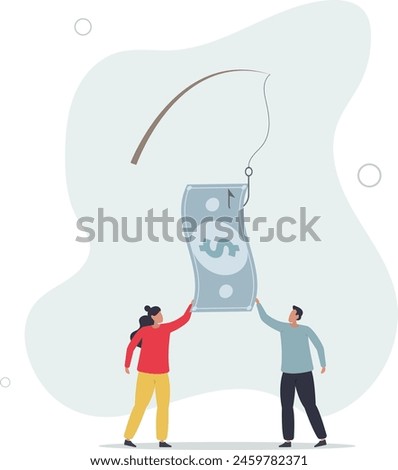 trying to catch fishing bait with dollar banknote money.flat vector illustration.