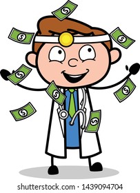 Trying to Catch Floating Money - Professional Cartoon Doctor Vector Illustration