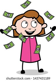 Trying to Catch Floating Money - Retro Office Girl Employee Cartoon Vector Illustration