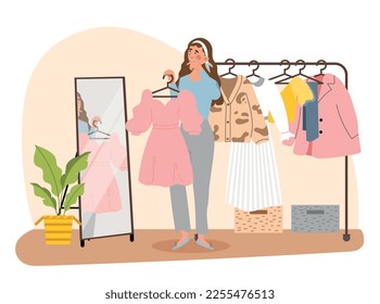 Trying to choose outfit. Young girl with dress in wardrobe in front of mirror. Fashion and style, aesthetics and elegance. Woman makes decision and chooses clothes. Cartoon flat vector illustration