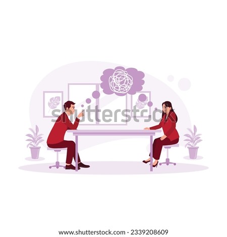 trying to fix a problem, a boy and a girl sit together to talk about a problem. Making it an easy concept or psychotherapy. Trend Modern vector flat illustration
