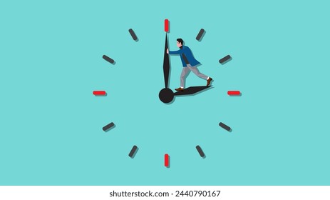 tratando de recuperar el tiempo, la extensión del tiempo para completar el trabajo, el hombre de negocios trata de volver el reloj para rebobinar el concepto de ilustración vectorial de tiempo