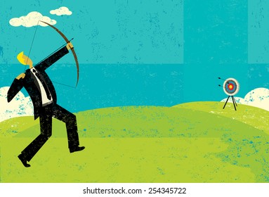 Trying to hit the bull's eye A businessman trying to shoot the arrow into the bull's eye to achieve his goal. The man and target are on a separate labeled layer from the background. 