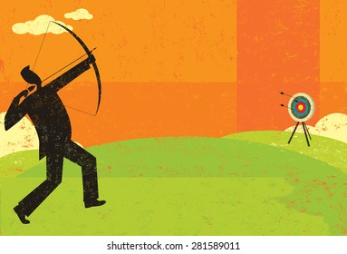 Trying to hit the bull's eye A businessman trying to shoot the arrow into the bull's eye to achieve his goal. 