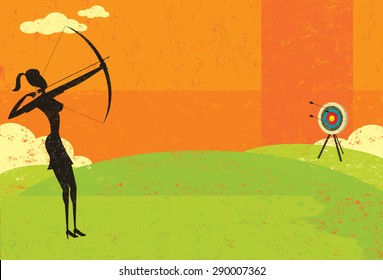 Trying to hit the bull'?s eye
A businesswoman trying to shoot the arrow into the bull's eye to achieve her goal. 