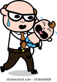 Trying to Keep Calm the Crying Baby - Retro Cartoon Father Old Boss Vector Illustration