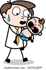 Trying to Keep Calm the Crying Baby - Office Businessman Employee Cartoon Vector Illustration