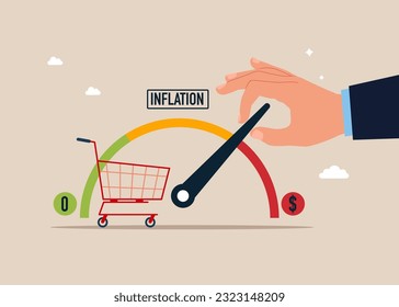 Trying to keep meter from maximum values, regulates rising inflation. high inflation, economic crisis. Flat vector illustration