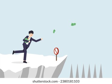 Trying to make money by being greedy and not paying attention to the dangers, a person is chasing after money, vector illustration.