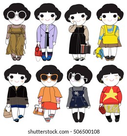 Trying On Fall Outfit Character illustration Set