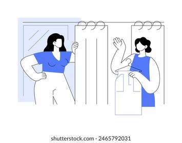 Trying on new clothes isolated cartoon vector illustrations. Girls trying on dresses in the fitting room, people lifestyle, shopping mall day, buying clothes and accessories vector cartoon.