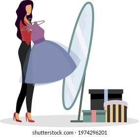 Trying on new outfits flat color vector faceless character. Purchasing dress for event. Shopping alone. Fitting room. Stylish woman isolated cartoon illustration for web graphic design and animation