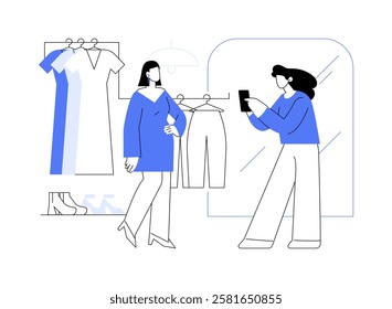 Trying on new wardrobe isolated cartoon vector illustrations. Shopping assistant taking pictures of client trying on new dress, service sector, beauty industry, fashion boutique vector cartoon.