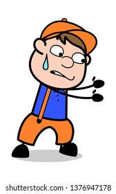 Trying to Pull - Retro Cartoon Carpenter Worker Vector Illustration﻿