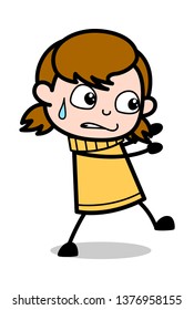Trying to Pull - Retro Cartoon Girl Teen Vector Illustration