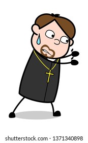 Trying to Push - Cartoon Priest Religious Vector Illustration