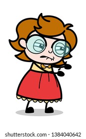 Trying to Push or Hold - Teenager Cartoon Intelligent Girl Vector Illustration