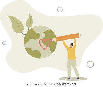 trying to save planet earth with eco friendly technologies.man draws a heart on planet earth.flat vector illustration