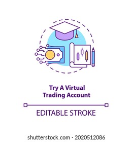 Trying virtual trading account concept icon. Simulated investing idea thin line illustration. Purchasing, selling trades without money risk. Vector isolated outline RGB color drawing. Editable stroke
