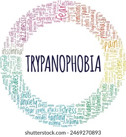 Diseño conceptual de nube de palabras de tripanofobia aislado sobre fondo blanco.