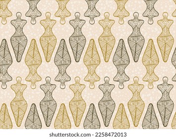 Trypillia culture symbols vector seamless pattern. Traditional Ukrainian Easter Egg symbols. Woman goddness figurine trypillia culture sign. Fertility Berehynia woman and fish illustration.