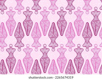 Trypillia culture symbols vector seamless pattern. Woman goddness figurine trypillia culture sign. Fertility Berehynia woman and fish illustration.