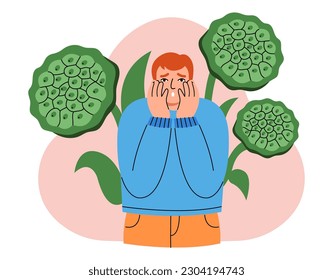 Trypophobia, phobia psychology concept. Scared man afraid of patterns of small holes on lotus seed heads behind him. Flat vector illustration.