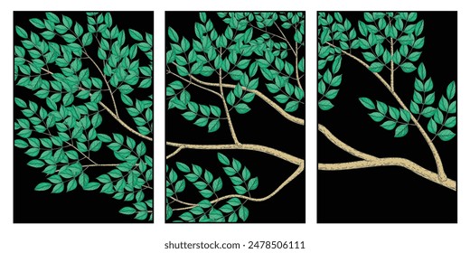 Tryptic green leaves vector style. Isolated on dark background, suitable for brochure, leaflet, booklet.