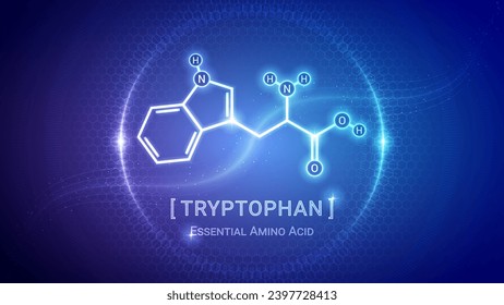 Tryptophan, Amino Acid Chemical Structure, Organic Compound, Molecule, Chemistry, Biology, Medical, Nutrition Futuristic Hologram Neon Glow Bright Translucent Backdrop Background Illustration