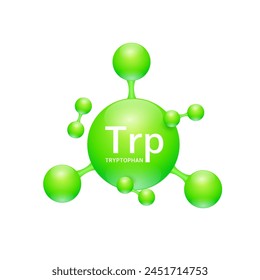 Tryptophan amino acid. Molecules that combine to form proteins nutrients necessary for health muscle. Biomolecules model 3D green for ads dietary supplements. Medical scientific concepts. Vector.