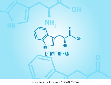 Fórmula esquelética y estructura triptófana sobre fondo médico azul con moléculas para el artículo, pancarta o presentación. Ilustración del vector
