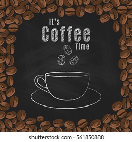 t's coffee time, chalk drawing on a background of coffee beans.