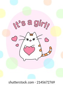 t's a girl. Baby shower party. Gender of a child. Pregnancy announcement. Expecting a baby. Happy pregnant mother. Cartoon cat. Greeting card or print design. Pink heart. Kawaii