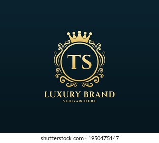 TS Initial Letter, Gold text with feminine floral hand drawn heraldic monogram, Antique vintage style luxury logo design.
