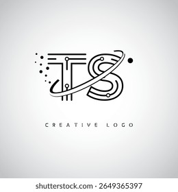 Logotipo do Monograma da Órbita TS - Marca de Letra Mínima Futurista com Linha de Arte Circular, Pontos Inspirados na Tecnologia e Conceito de Movimento Espacial para Identidade de Marca Moderna