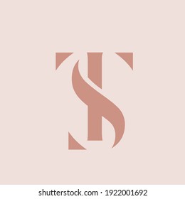 TS, ST monogram logo.Abstract typographic signature icon.Letter t and letter s intertwined.Lettering sign isolated on light background.Alphabet initials.Uppercase serif characters shape.Beauty style.