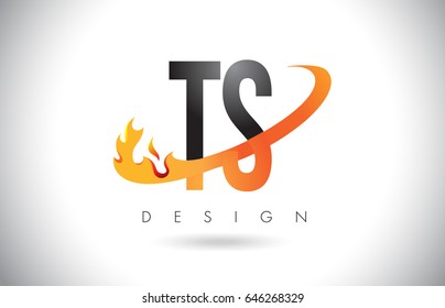 TS T S Letter Logo Design with Fire Flames and Orange Swoosh Vector Illustration.