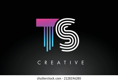 TS White Purple Lines Letter Logo. Creative Line Letters Design Vector Template.