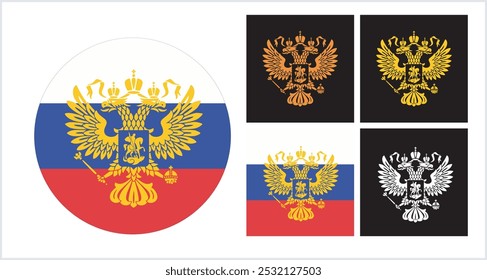 Tsardom of Russia Flag. History State Vector Illustration Symbol, Russian Double-headed eagle, gold handcraft Russian Empire and Russian Federation heraldic coat of arms handmade author vector version