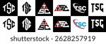 TSC letter logo design in six style. TSC polygon, circle, triangle, hexagon, flat and simple style with black and white color variation letter logo set in one artboard. TSC minimalist and classic logo