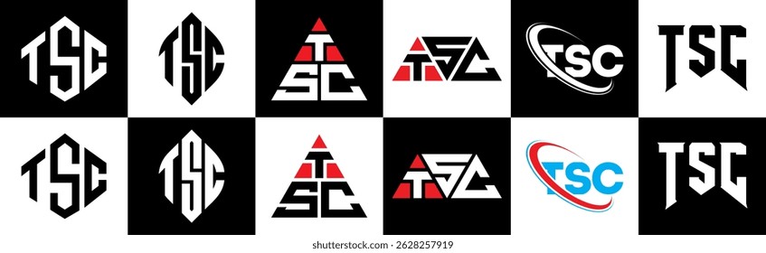 TSC letter logo design in six style. TSC polygon, circle, triangle, hexagon, flat and simple style with black and white color variation letter logo set in one artboard. TSC minimalist and classic logo