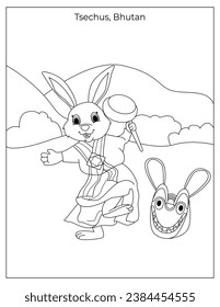 Tsechus, Bhutan celebration coloring page, Holiday Celebration with cute rabbits coloring page for kids