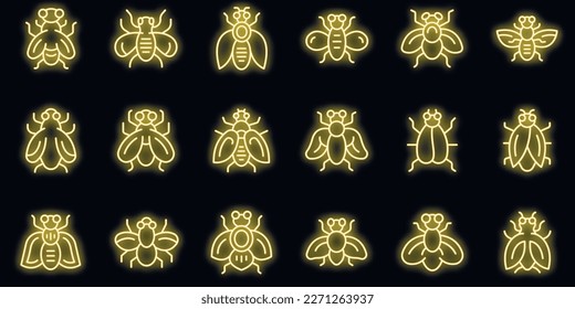 Tsetse fly icons set outline vector. Dangerous insect. House animal neon color on black