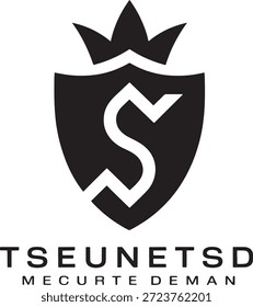 El logotipo de Tseunted presenta un escudo negro con una corona y una letra S estilizada, que simboliza los servicios de seguridad y protección, acompañado por el lema de la demanda de mercurte en un diseño limpio y moderno.