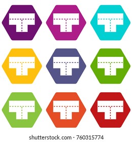 Tshaped crossroad icon set many color hexahedron isolated on white vector illustration
