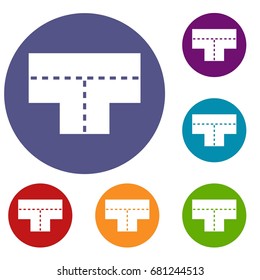 T-shaped crossroad icons set in flat circle red, blue and green color for web
