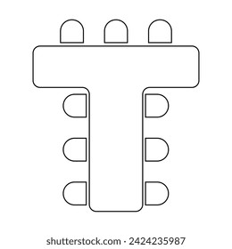 T-shaped table and chairs icons top view. Business office or cabinet seating interior plan. Seats arrangement on meeting, conference, training, banquet or event. Vector graphic illustration.