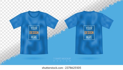 Camiseta 3d realistas burla hacia arriba, camiseta azul masculina vectorial plantilla de retrospectiva. Diseño de ropa en blanco para hombres, ropa deportiva, ropa informal 