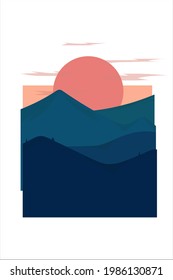 T-Shirt abstract mountain sun cloud color blue orange